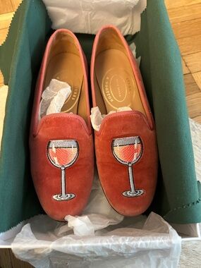 Stubbs & Wootton Custom Made Pink Velvet Rose Wine Glass Embroidered Loafers 6.5